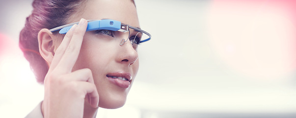 Image showing Augmented reality, vision and woman with smart glasses, internet connection and communication on mockup in office. Future technology, workplace and consultant with VR eyewear, networking and focus