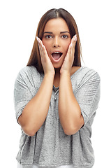 Image showing Surprised, woman and portrait in studio with wow for announcement, gossip or discount deal with wtf expression. Person, face and shocked with good news, winner and sale offer on white background