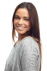 Image showing Fashion, portrait and woman in studio with smile for trendy, style and beauty on white background. Female person, face and expression with happiness for confidence, cosmetics and glow with makeup