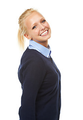 Image showing Portrait, fashion and smile of woman in studio for style in trendy outfit isolated on white background. Face, confidence or happy young model, student or blonde girl in casual clothes in Switzerland