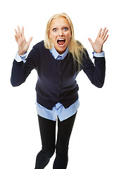 Image showing Wow, surprise and portrait of screaming woman in studio with announcement, deal or promo on white background. Face, shouting or female model with open mouth emoji gesture for competition prize winner