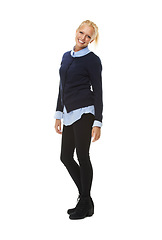 Image showing Portrait, fashion and smile of woman in studio isolated on a white background mockup space. Model, blonde student and happy person in casual clothes, trendy or stylish outfit in Sweden on a backdrop