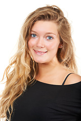 Image showing Studio, portrait and happy woman for beauty or cosmetics, shine and keratin treatment in closeup. German model, glow and shiny long hair with positive face and conditioner results by white background