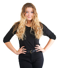 Image showing Studio, portrait and confident woman with fashion or trendy style, smile and gen z aesthetic by white background. German student, blue eyes or long hair with young face or funky jeans or cool clothes