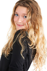 Image showing Studio, portrait or happy young woman for natural beauty with glow, mascara or wellness by white background. German student, blue eyes and shiny hair or smile face and pink blush cheeks in closeup