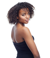 Image showing Portrait, black woman with skin and beauty for hair, texture and natural curls with cosmetics on white background. Cosmetology, makeup and haircare for growth, relax with confidence and smile