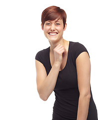 Image showing Portrait, funny and smile with woman, confidence and person isolated on a white studio background. Face, model and girl with humor and happiness with beauty and excitement with joy and cheerful