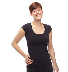 Image showing Fashion, portrait and a happy woman with confidence in studio isolated on a white background. Trendy model, smile and female person in casual clothes, outfit and stylish shirt in Sweden on a backdrop