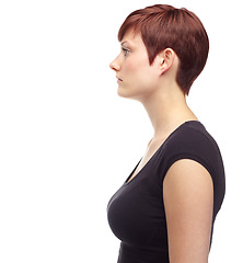 Image showing Hair, profile and woman in studio with mockup for red head cosmetics, glow or results on white background. Ginger, haircare or side of female model with haircut, dye or color, volume or texture shine