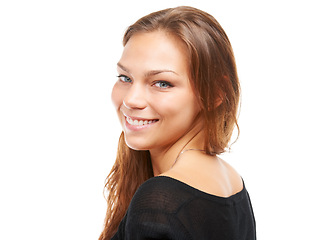 Image showing Portrait, smile and beauty of woman in studio isolated on a white background mockup space. Face, model and a happy young person with natural skin, hair and casual fashion on a backdrop in Ireland