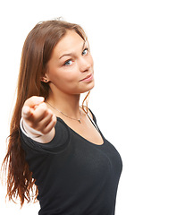 Image showing Woman, portrait and point forward in studio with smile for opportunity, choice and vote for you. Female person, face and hand with gesture for motivation, encourage and decision on white background