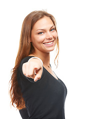 Image showing Woman, portrait and point with vote in studio with smile for opportunity, choice or winner. Female person, face and hand with gesture for motivation, encourage or decision on white background