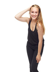 Image showing Woman, portrait and smile for fashion in studio, casual style and confident on white background. Happy female person, outfit and aesthetic on mockup space, student and full body for designer clothes