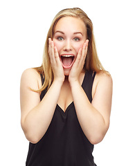 Image showing Wow, woman and portrait in studio with news of announcement, surprise and discount deal with wtf expression. Person, face and surprised with giveaway winning lotto and sale offer on white background