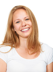 Image showing Hair, portrait and happy woman in studio with shampoo, results or beauty and color on white background. Blonde, haircare or face of female model with growth, texture and dye satisfaction or treatment