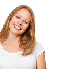 Image showing Portrait, hair and happy woman in studio with shampoo, results or beauty and color on white background. Blonde, haircare or face of female model with growth, texture and dye satisfaction or treatment