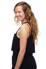 Image showing Mature woman, portrait and pride in studio, casual aesthetic and confidence on white background. Happy female person, curly hair and fashion for satisfaction, positive and lady for trendy clothes