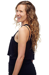 Image showing Woman, portrait and laughing in studio, funny joke and fun or satisfaction on white background. Happy female person, comedy and smile for silly humor, goofy comic and positive for enjoyment on face