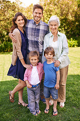 Image showing Family, outdoor and portrait for holiday, vacation and backyard with children and smile with love. Mom, dad and grandma with kids, nature and trees for memories, elderly and joy together in bonding