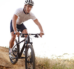 Image showing Man, bicycle and countryside for nature, off road and cycling for health and wellness. Athlete, bike and training for workout, transportation and exercise with cape town mountain trail for fitness