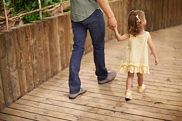 Image showing Little girl, father and holding hands with parent for bonding, adventure or fun field trip. Rear view of young child or kid walking with dad for safety, protection or sightseeing together in nature