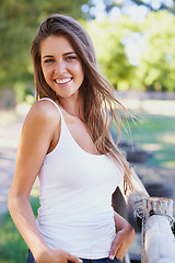 Image showing Portrait, woman and laugh for summer, fashion and casual outfit with natural styling in Spain. Happy, female person and tank top for stylish, leisure and trendy clothes for rest and relaxation