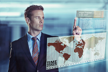 Image showing Businessman, flight and hologram with global display of digital interface or travel and future. Male person, online and software database for departures with user experience or information technology