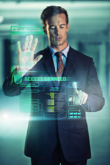 Image showing Businessman, online and glass with security hologram of futuristic biometrics and information technology. Male person, user experience and digital interface for corporate company with hand scan tech