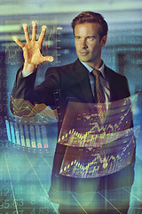 Image showing Businessman, trading and hologram with future display of digital interface or corporate growth. Person, stock market and data graphs for presentation with user experience or information technology.