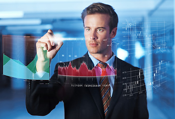 Image showing Businessman, finance and hologram of digital interface of analytics for corporate company, profit growth and data statistics. Person, high tech and graph with trading technology for asset management.