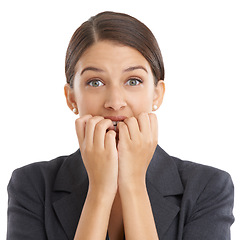 Image showing Bite, nails and portrait of business woman for stress on white background for mistake, crisis or problem. Professional, corporate and face of isolated person with worry, anxiety and nervous in studio