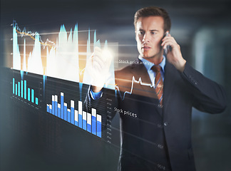 Image showing Phone, call and businessman with interface for stock market in office, professional and trader for corporate. Male person, hologram and company with investment, talking and mobile technology