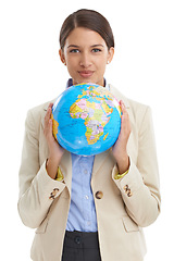 Image showing Young business woman, portrait or globe in studio mock up for corporate professional or global networking for growth. Travel agent, smile or face for international trip or flight by white background