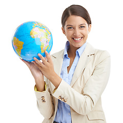 Image showing Happy, business woman and portrait with globe in studio mock up and corporate professional for global networking. Young lawyer, positive and face for international trade and law by white background