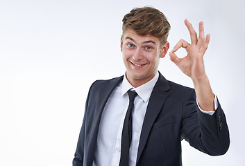 Image showing Business man, portrait and OK hand gesture for success, support and agreement with emoji on white background. Praise, pride and excellence with vote or feedback, corporate employee and gratitude