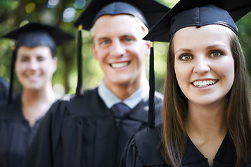 Image showing Student, portrait and graduation with woman and friends outdoor at university, college and study ceremony. Education, campus and class at certificate, degree and school event with smile together