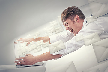 Image showing Businessman, laptop and inbox for spam, email and junk mail on mock up in studio on grey background. Angry, frustrated and man with computer, envelope and scream for phishing or digital marketing