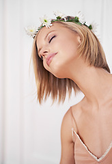 Image showing Female person, glow and natural beauty for peace, relaxation and blossom in floral crown with thinking. Woman, glow or organic for calm, flower and skincare in spring routine in face for glamour