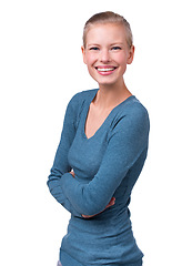 Image showing Woman, portrait and excited for fashion, studio and smile for peace and cheerful mood. Female person, style and white background with clothes, apparel and attractive for joy and positive aesthetic