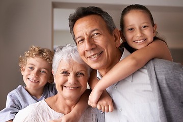 Image showing Portrait, grandparents or grandchildren for piggyback, family or play with multi generation bonding. Older people, boy and girl with smile, hug and love for happy, babysitting and together at home