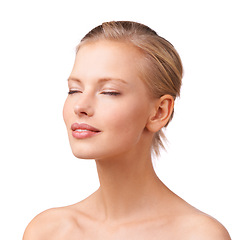 Image showing Beauty, woman and skincare or face in studio with white background for wellness, cosmetics and routine. Model, relaxed and facial treatment for dermatology, detox and clean skin on mockup space.