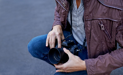 Image showing Hands, man and photographer in street with camera to document, photography and portfolio in London. Creative, artist and freelancer at urban to film, shoot and capture events in city for profile.