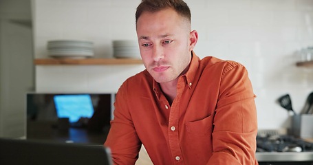 Image showing Man, freelancer and stress or laptop at home, internet connection and typing on technology. Male person, frustration and networking or glitch and 404 error, online research and remote work in kitchen