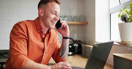 Image showing Happy man, laptop and phone call in remote work for conversation or business in kitchen at home. Male person or freelancer smile talking on mobile smartphone with computer for discussion at house