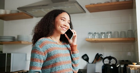 Image showing Woman, kitchen and phone call or laughing at home, happy and relaxing in apartment. Female person, communication and mobile application for funny online conversation, humor and internet connection