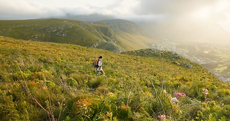 Image showing Woman hiking, walking and travel on mountains for adventure, wellness and health in nature, flowers and plants. Sports person with backpack for trekking on a path, green hill and eco friendly journey