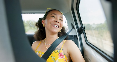 Image showing Woman, car and road trip with laugh by window with thinking, ideas and comic memory for vacation travel. Girl, person and happy in vehicle with smile to remember funny story with driving on road