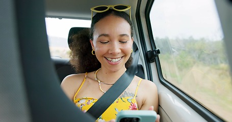 Image showing Woman, phone and texting on road trip, car or laugh at meme, comic video and internet for travel. Girl, smartphone and reading in vehicle with funny blog, social network post or story with transport