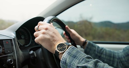 Image showing Married man, hands and driving vehicle for travel, road trip or outdoor transportation in the countryside. Closeup of male person, wedding ring and car steering wheel for holiday getaway or adventure