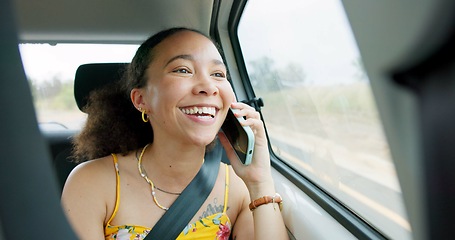 Image showing Woman, phone call and road trip in car with laugh, chat or conversation by window, journey or travel. Girl, smartphone and talking with thinking, funny story and street for transportation on holiday